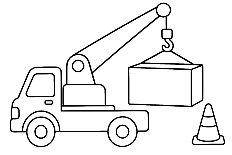 Kranwagen hebt eine Kiste – Ausmalbild für Kinder ab 4 Jahren - Ausmalbild ab 4 Jahren