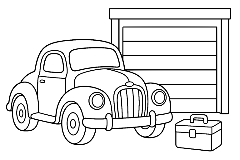 Oldtimer parkt vor einer Garage – Ausmalbild für Kinder ab 4 - Ausmalbild ab 4 Jahren