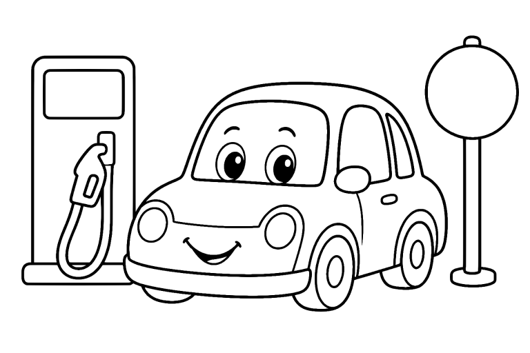 Rotes Auto an der Tankstelle – Ausmalbild für Kinder ab 4 Jahren - Ausmalbild ab 4 Jahren