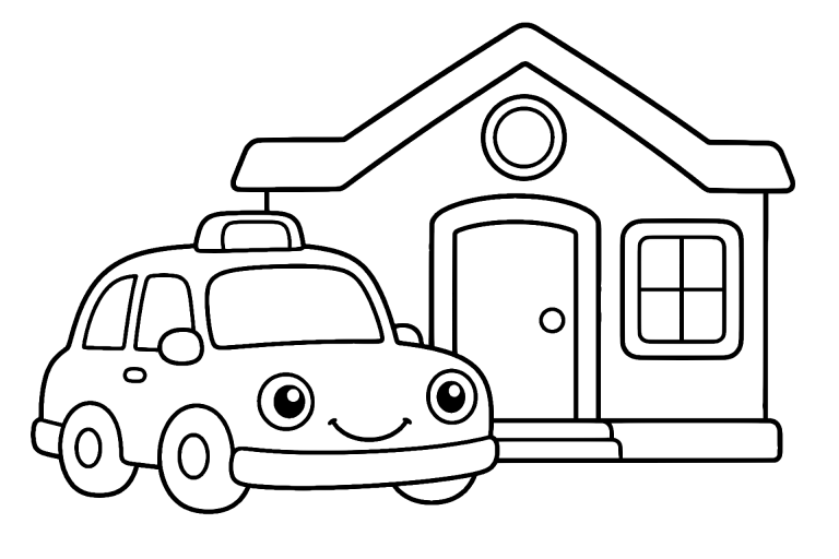 Taxi wartet am Bahnhof – Ausmalbild für Kinder ab 4 Jahren - Ausmalbild ab 4 Jahren
