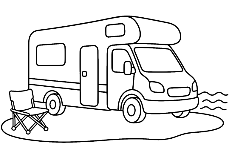 Wohnmobil steht am See – Ausmalbild für Kinder ab 4 Jahren - Ausmalbild ab 4 Jahren