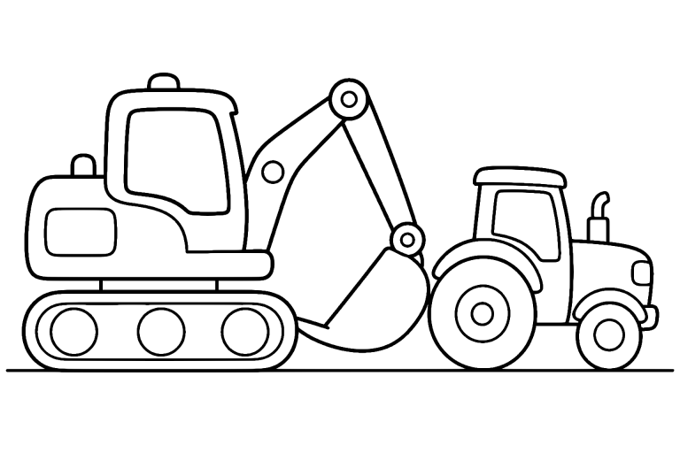 Bagger hilft einem kleinen Traktor – Ausmalbild für Kinder ab 4 Jahren - Ausmalbild ab 4 Jahren