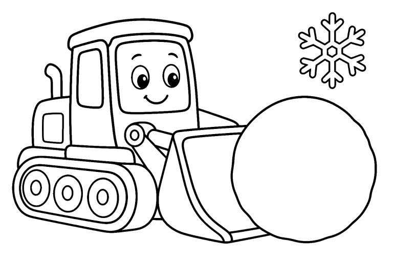 Bagger schiebt einen Schneeball – Ausmalbild für Kinder ab 4 Jahren - Ausmalbild ab 4 Jahren