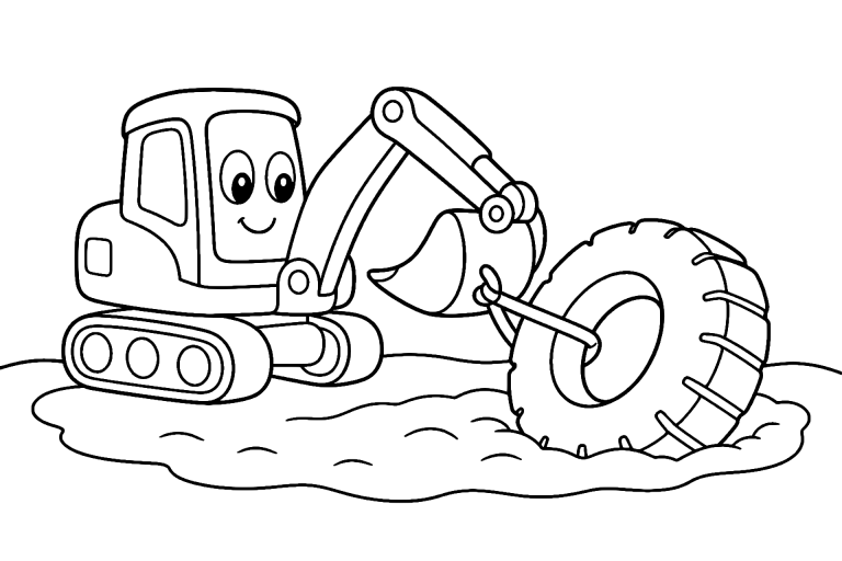 Bagger zieht einen Reifen aus dem Sand – Ausmalbild für Kinder ab 4 Jahren - Ausmalbild ab 4 Jahren