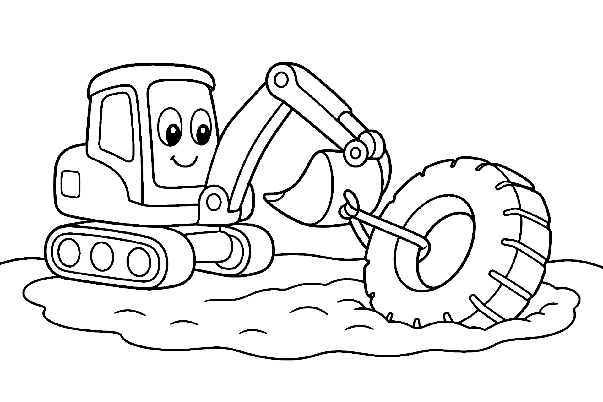 Bagger zieht einen Reifen aus dem Sand
