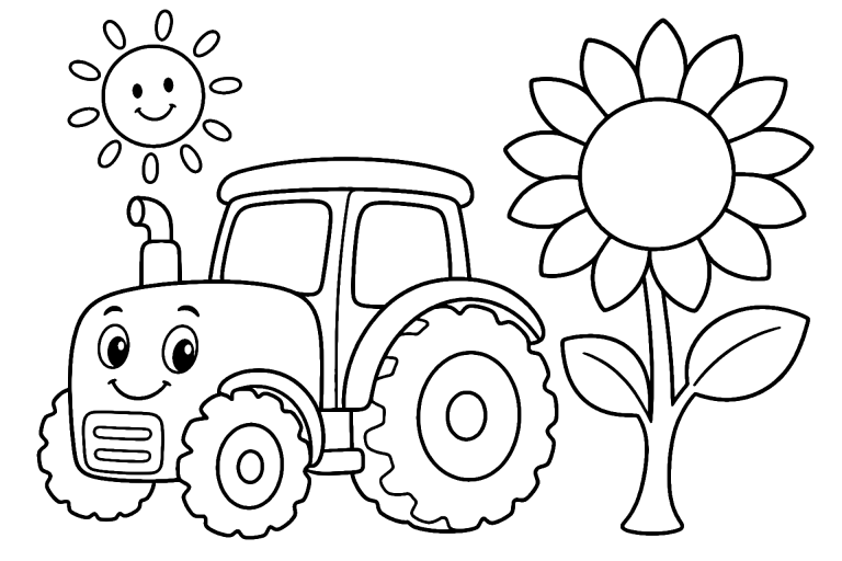 Kleiner Traktor mit großer Sonnenblume – Ausmalbild für Kinder ab 4 Jahren - Ausmalbild ab 4 Jahren