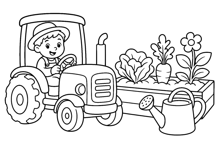 Traktor mit Gießkanne am Gartenbeet – Ausmalbild für Kinder ab 4 Jahren - Ausmalbild ab 4 Jahren