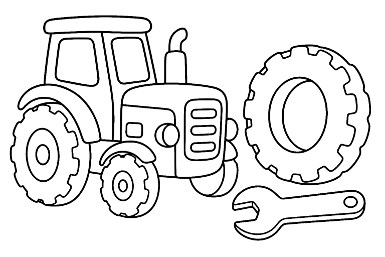 Traktor mit großem Reifen im Werkstatthof – Ausmalbild für Kinder ab 4 Jahren - Ausmalbild ab 4 Jahren
