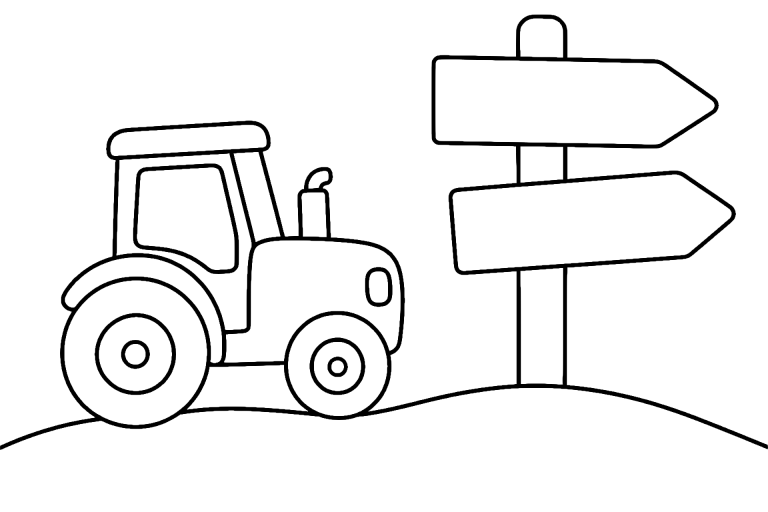 Traktor mit kleinem Wegweiser – Ausmalbild für Kinder ab 4 Jahren - Ausmalbild ab 4 Jahren