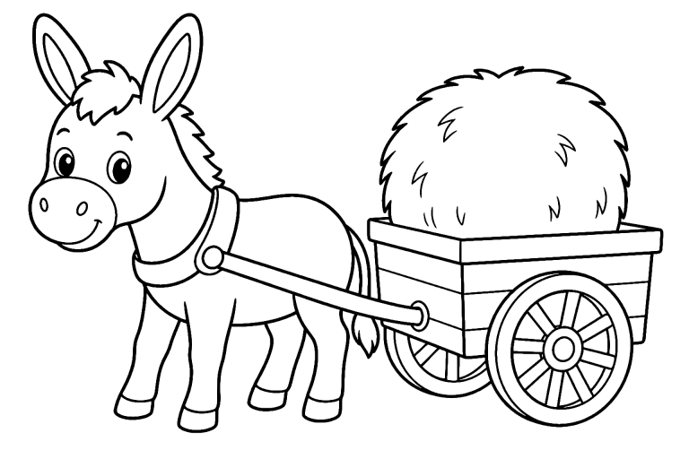 Bauernhoftiere Ausmalbild ab 4 Jahre - Esel zieht Wagen - Ausmalbild ab 4 Jahren