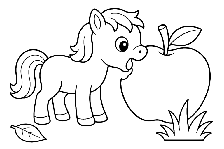 Bauernhoftiere Ausmalbild ab 4 Jahre - Pony mit Apfel - Ausmalbild ab 4 Jahren