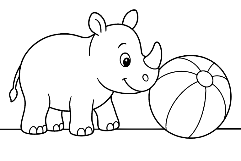 Dschungeltiere Ausmalbild ab 4 Jahre - Nashorn mit einem großen Ball - Ausmalbild ab 4 Jahren