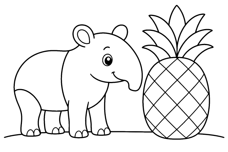 Dschungeltiere Ausmalbild ab 4 Jahre - Tapir mit einer Ananas - Ausmalbild ab 4 Jahren