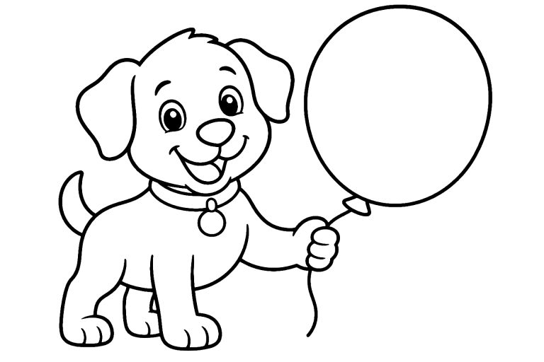 Hund mit einem bunten Luftballon – Ausmalbild ab 4 Jahre - Ausmalbild ab 4 Jahren
