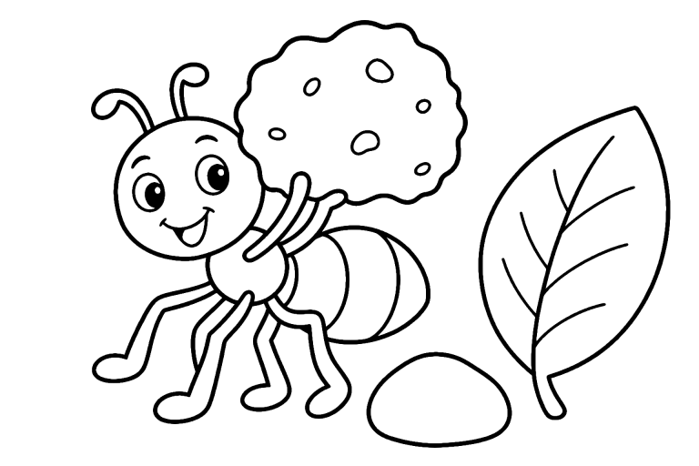 Insekten Ausmalbild ab 4 Jahre – Ameise mit einem Krümel - Ausmalbild ab 4 Jahren
