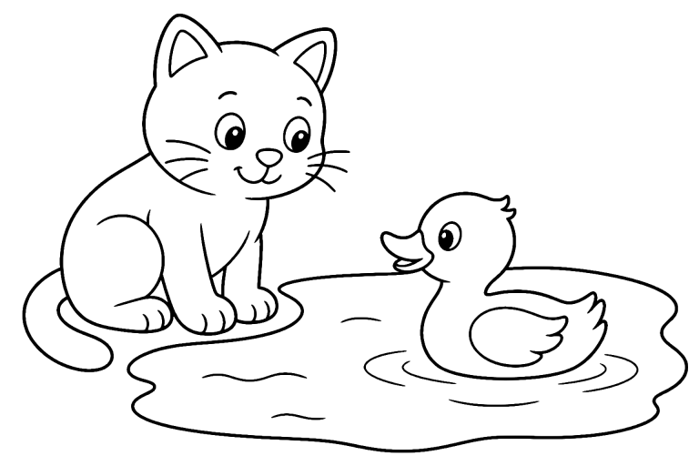 Katze am Teich mit Ente – Ausmalbild ab 4 Jahre - Ausmalbild ab 4 Jahren