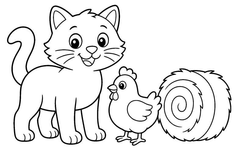 Katze auf dem Bauernhof mit Huhn – Ausmalbild ab 4 Jahre - Ausmalbild ab 4 Jahren