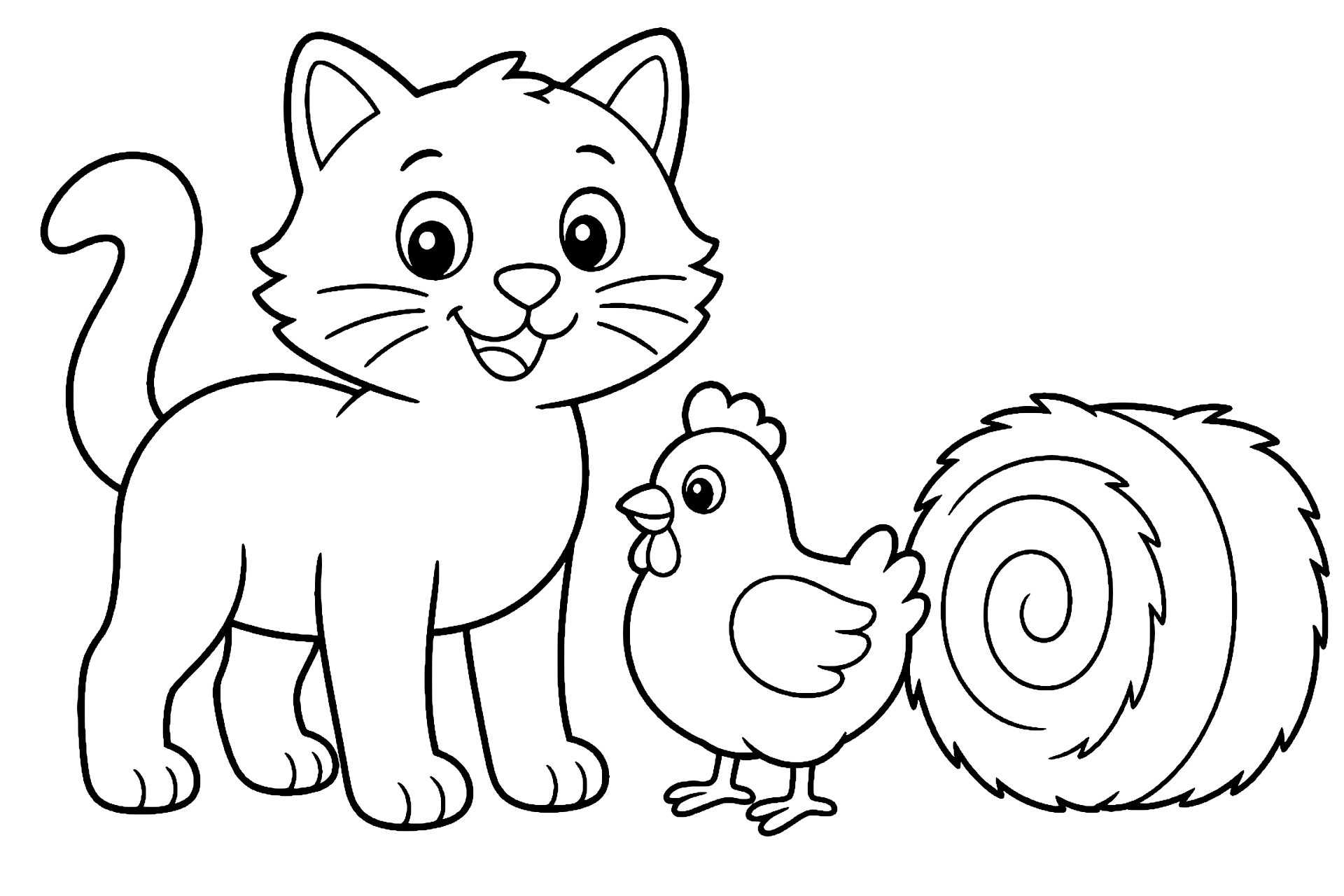 Katze auf dem Bauernhof mit Huhn