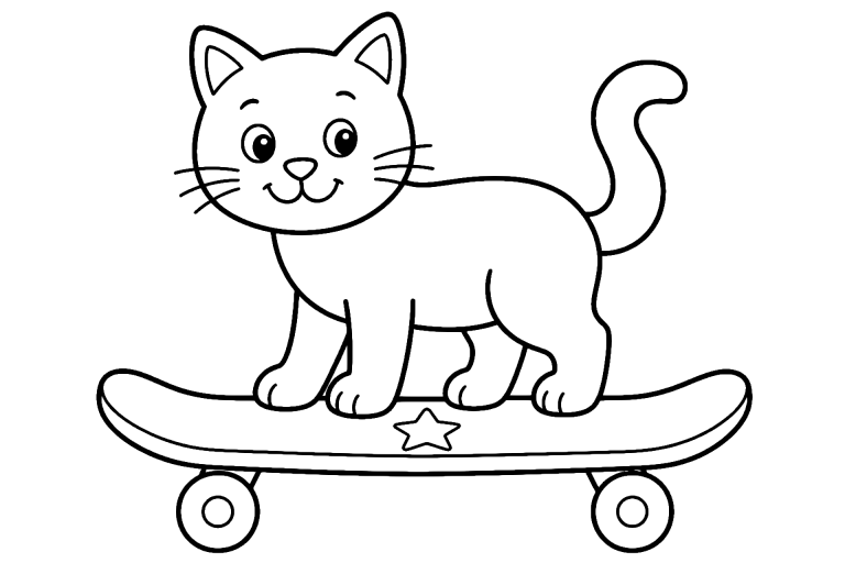 Katze auf einem Skateboard – Ausmalbild ab 4 Jahre - Ausmalbild ab 4 Jahren