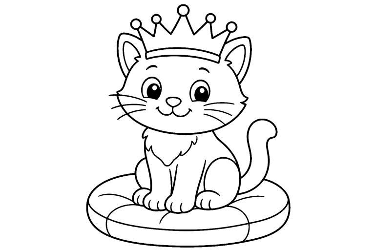 Katze mit Krone auf einem Kissen – Ausmalbild ab 4 Jahre - Ausmalbild ab 4 Jahren