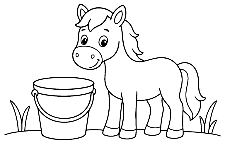 Pferd mit Eimer - Ausmalbild ab 4 Jahre - Ausmalbild ab 4 Jahren