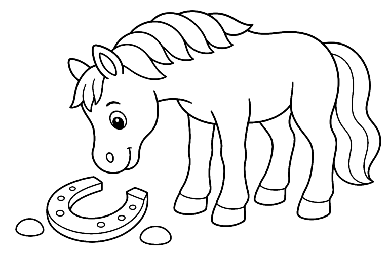 Pferd mit Hufeisen im Sand - Ausmalbild ab 4 Jahre - Ausmalbild ab 4 Jahren