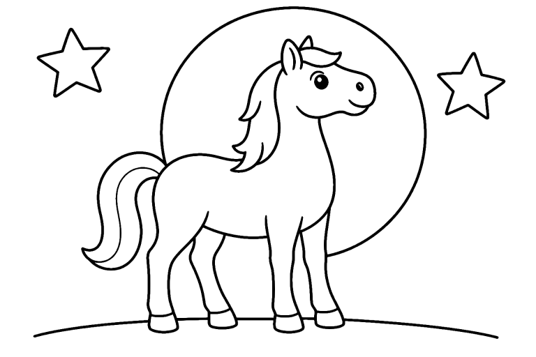 Pferd vor dem Mond - Ausmalbild ab 4 Jahre - Ausmalbild ab 4 Jahren