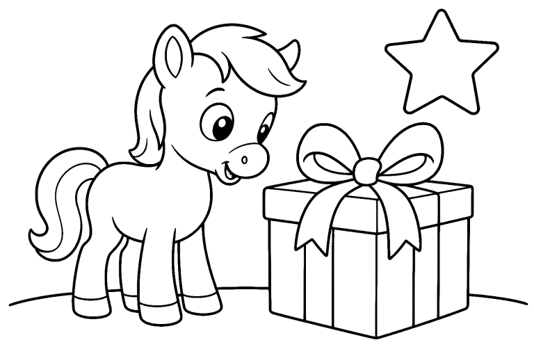 Pony mit Geschenk - Ausmalbild ab 4 Jahre - Ausmalbild ab 4 Jahren