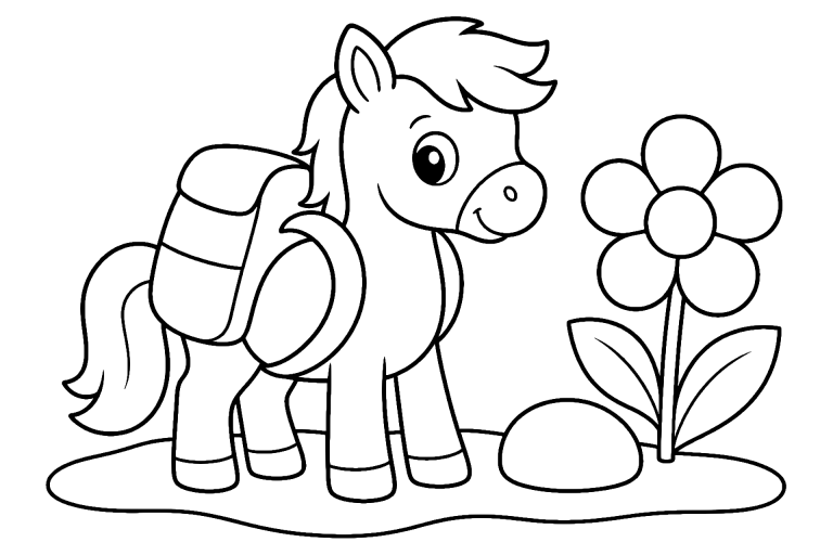 Pony mit kleinem Rucksack - Ausmalbild ab 4 Jahre - Ausmalbild ab 4 Jahren