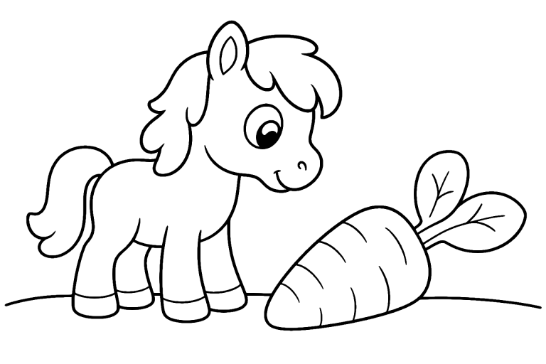 Pony mit Möhre - Ausmalbild ab 4 Jahre - Ausmalbild ab 4 Jahren