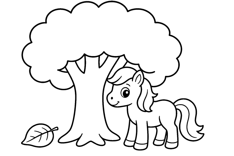 Pony unter einem Baum - Ausmalbild ab 4 Jahre - Ausmalbild ab 4 Jahren