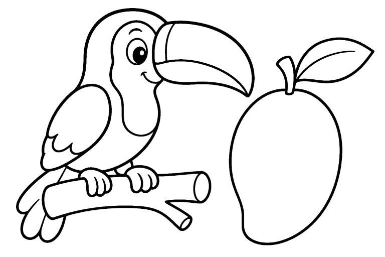 Vögel Ausmalbild ab 4 Jahre - Tukan mit großer Frucht - Ausmalbild ab 4 Jahren