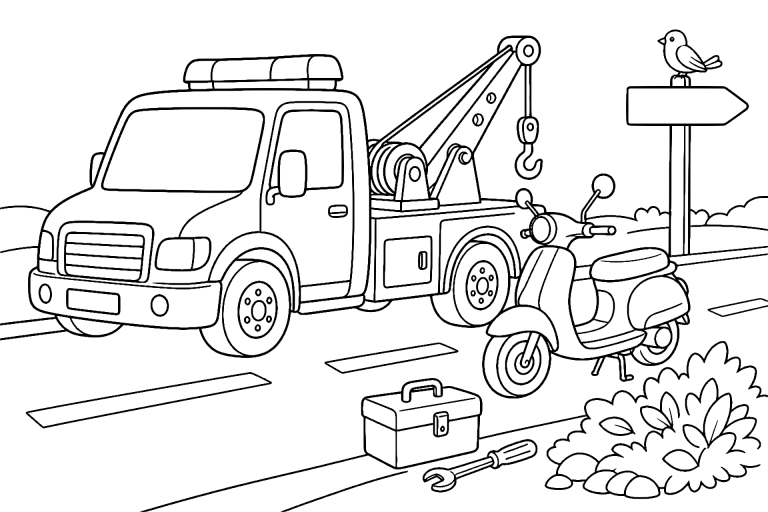 Abschleppwagen hilft dem Roller – Ausmalbild für Kinder ab 6 Jahren - Ausmalbild ab 6 Jahren