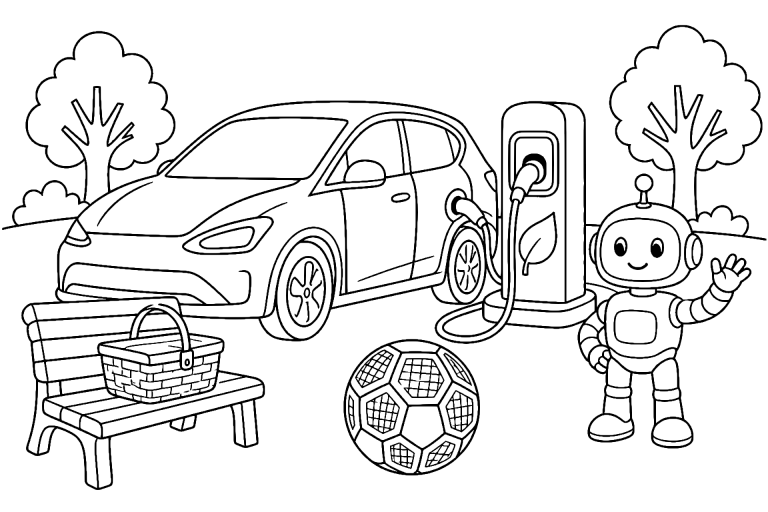 Elektroauto an der Ladestation – Ausmalbild für Kinder ab 6 Jahren - Ausmalbild ab 6 Jahren
