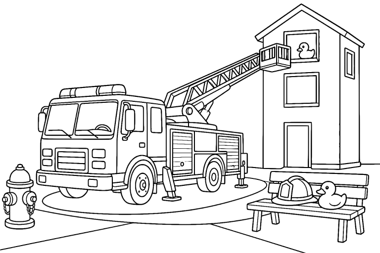 Feuerwehrauto beim Löschtraining – Ausmalbild für Kinder ab 6 Jahren - Ausmalbild ab 6 Jahren