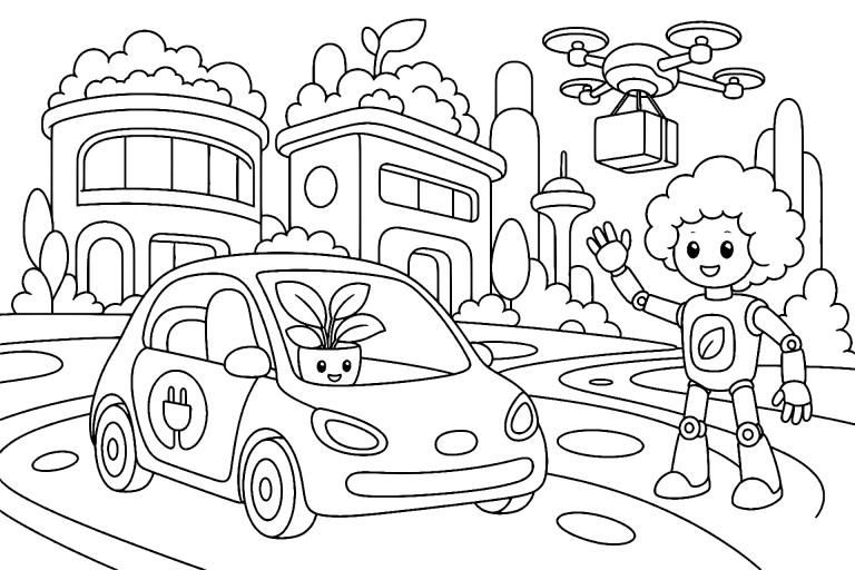 Kleines Elektroauto in der Zukunftsstadt – Ausmalbild ab 6 - Ausmalbild ab 6 Jahren