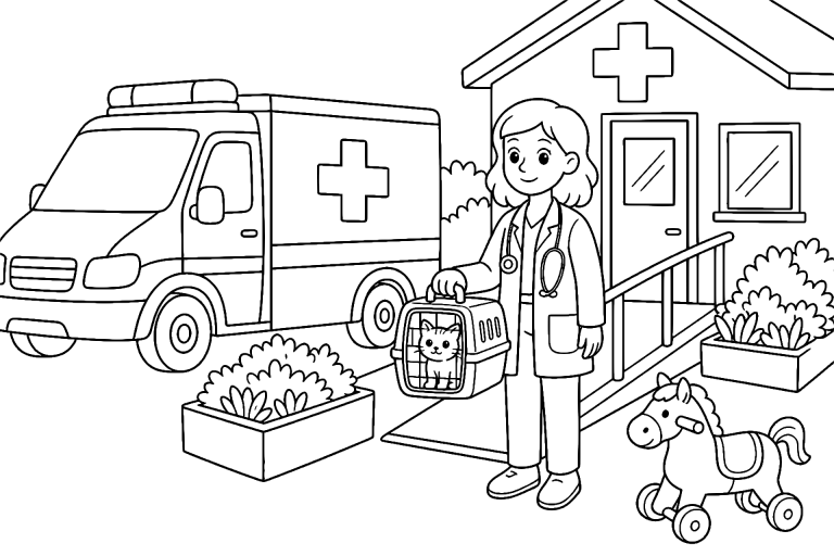Rettungswagen bei der Tierklinik – Ausmalbild ab 6 - Ausmalbild ab 6 Jahren