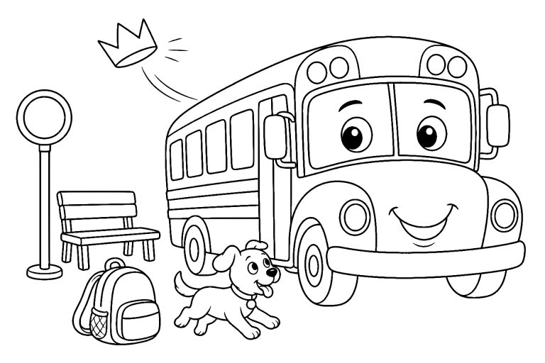 Schulbus an der Haltestelle – Ausmalbild für Kinder ab 6 Jahren - Ausmalbild ab 6 Jahren