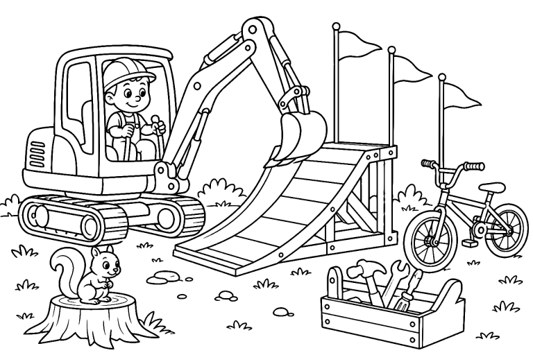 Bagger baut eine Rampe für ein Fahrradrennen – Ausmalbild für Kinder ab 6 Jahren - Ausmalbild ab 6 Jahren