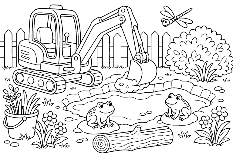 Bagger formt einen Teich für Frösche – Ausmalbild für Kinder ab 6 Jahren - Ausmalbild ab 6 Jahren