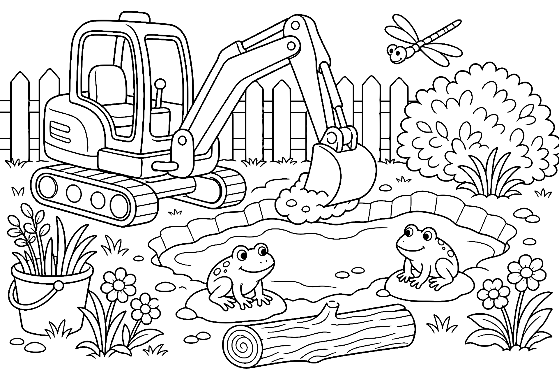 Bagger formt einen Teich für Frösche
