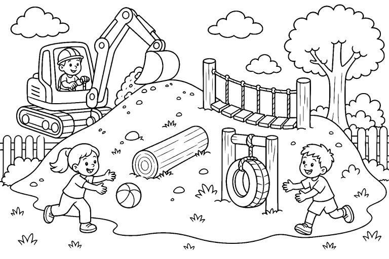Bagger gestaltet einen Abenteuerpark für Kinder – Ausmalbild ab 6 - Ausmalbild ab 6 Jahren