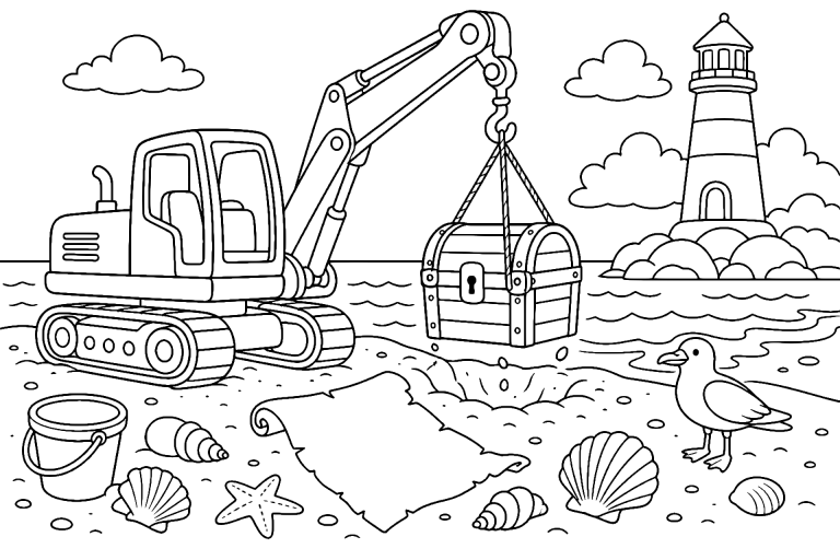 Bagger hebt eine Schatzkiste aus dem Sand – Ausmalbild für Kinder ab 6 - Ausmalbild ab 6 Jahren