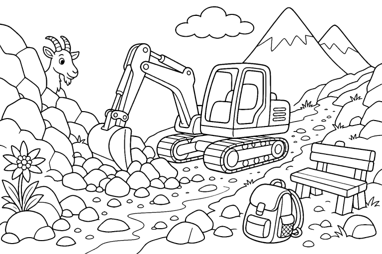 Bagger macht einen Weg zur Bergwiese frei – Ausmalbild ab 6 - Ausmalbild ab 6 Jahren