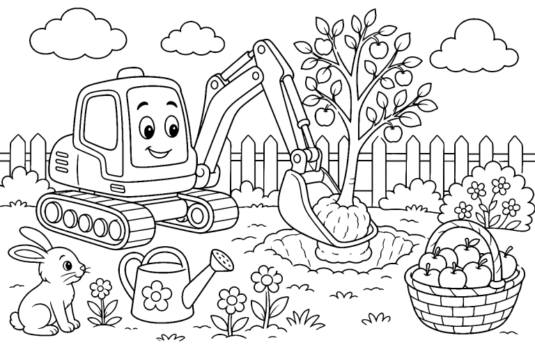 Bagger pflanzt einen großen Apfelbaum – Ausmalbild für Kinder ab 6 Jahren - Ausmalbild ab 6 Jahren