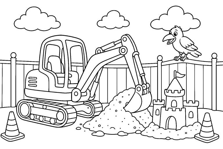 Bagger schiebt Sand zu einer Baustellenburg – Ausmalbild für Kinder ab 6 Jahren - Ausmalbild ab 6 Jahren