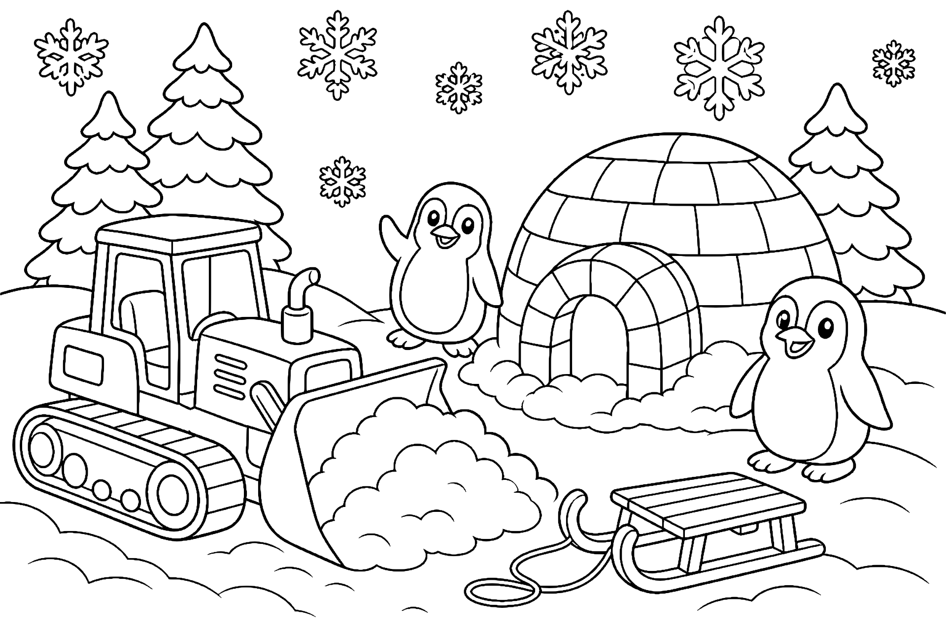 Bagger schiebt Schnee zu einem Iglu