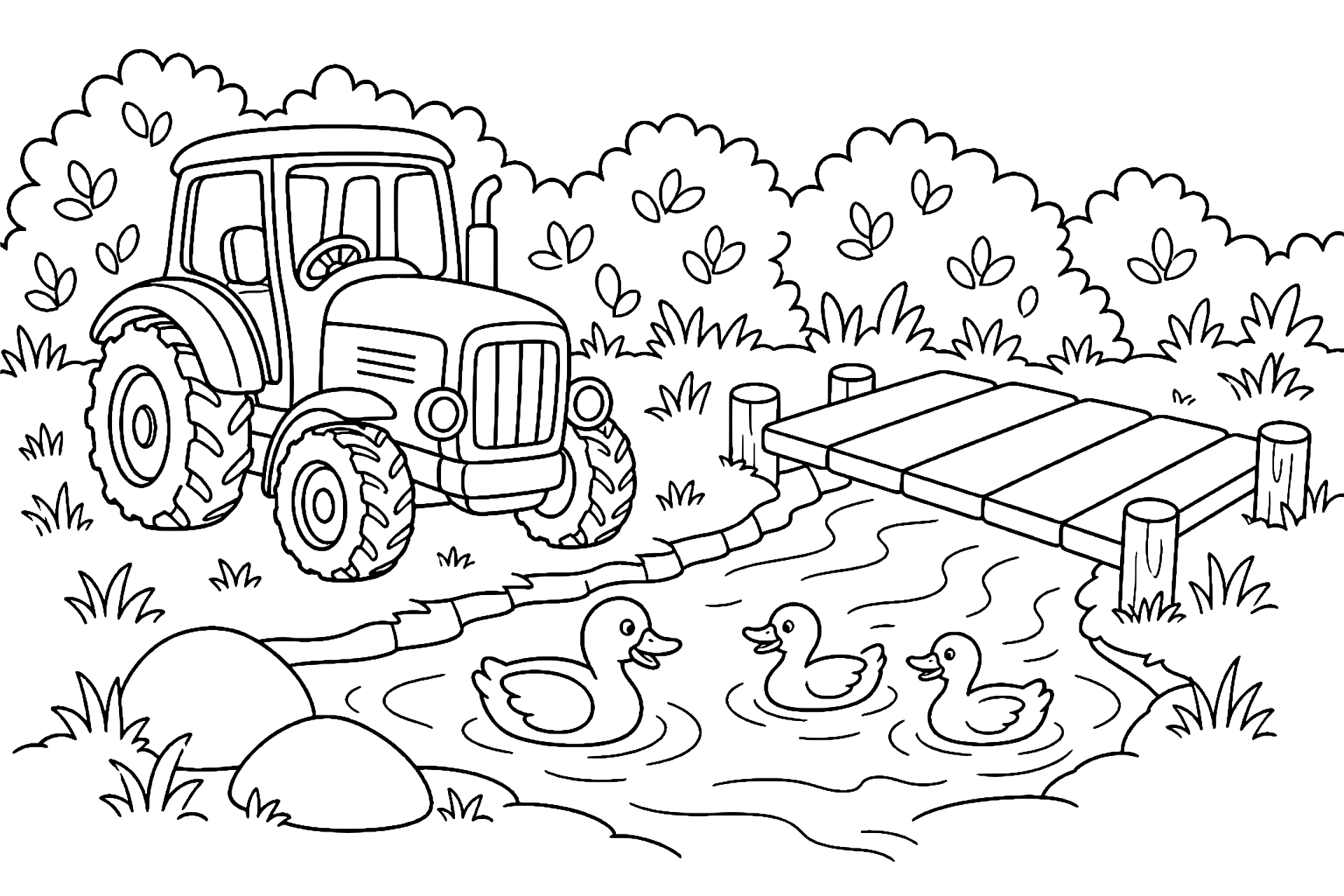 Traktor am kleinen Bach mit Enten