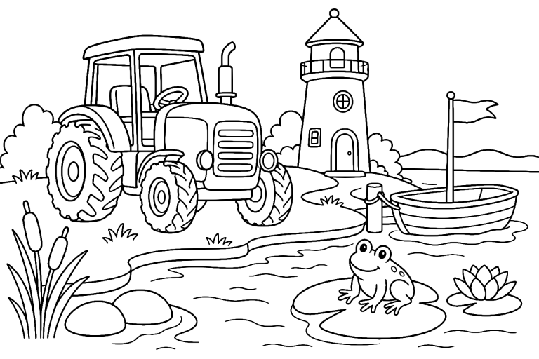 Traktor am See mit kleinem Leuchtturm – Ausmalbild für Kinder ab 6 Jahren - Ausmalbild ab 6 Jahren