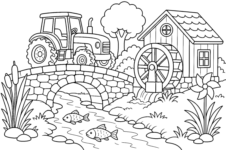 Traktor auf der Brücke zur Mühle – Ausmalbild für Kinder ab 6 Jahren - Ausmalbild ab 6 Jahren